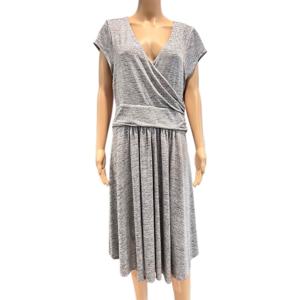 Anthropologie Maeve Tamara Cap Sleeve Surplice Silver Knit Flare Dress Size XL